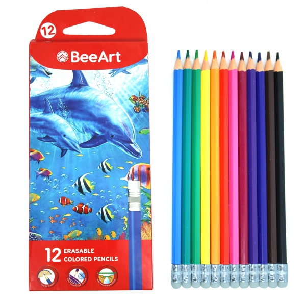 BeeArt Erase Colored Pencils, Plastic, Multicolor coloring for adult and kids, Pack of 12