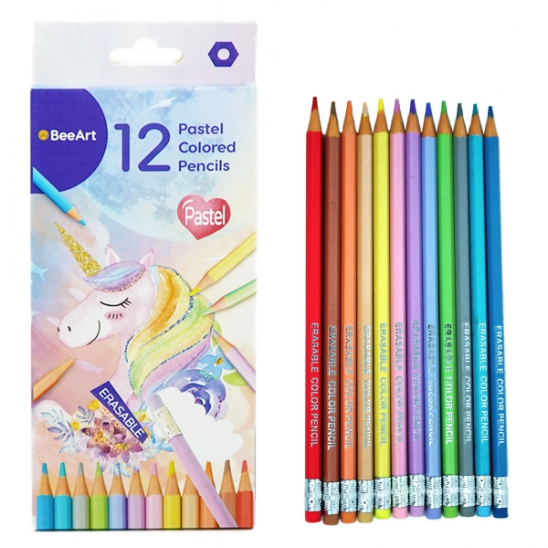 BeeArt Erase Colored Pencils, Plastic, Pastel coloring for adult and kids, Pack of 12
